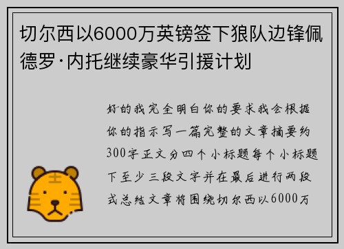 切尔西以6000万英镑签下狼队边锋佩德罗·内托继续豪华引援计划