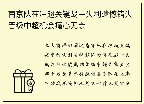 南京队在冲超关键战中失利遗憾错失晋级中超机会痛心无奈